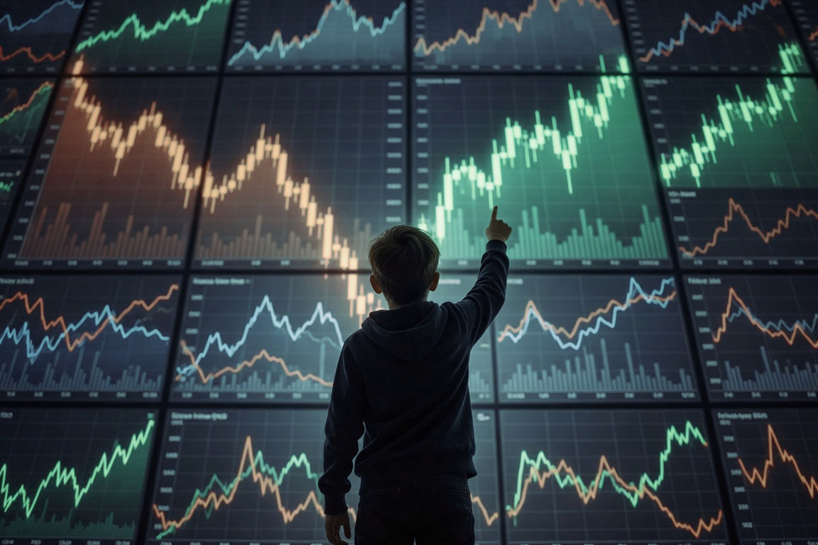 Trader viewing a rising stock chart through an augmented-reality headset