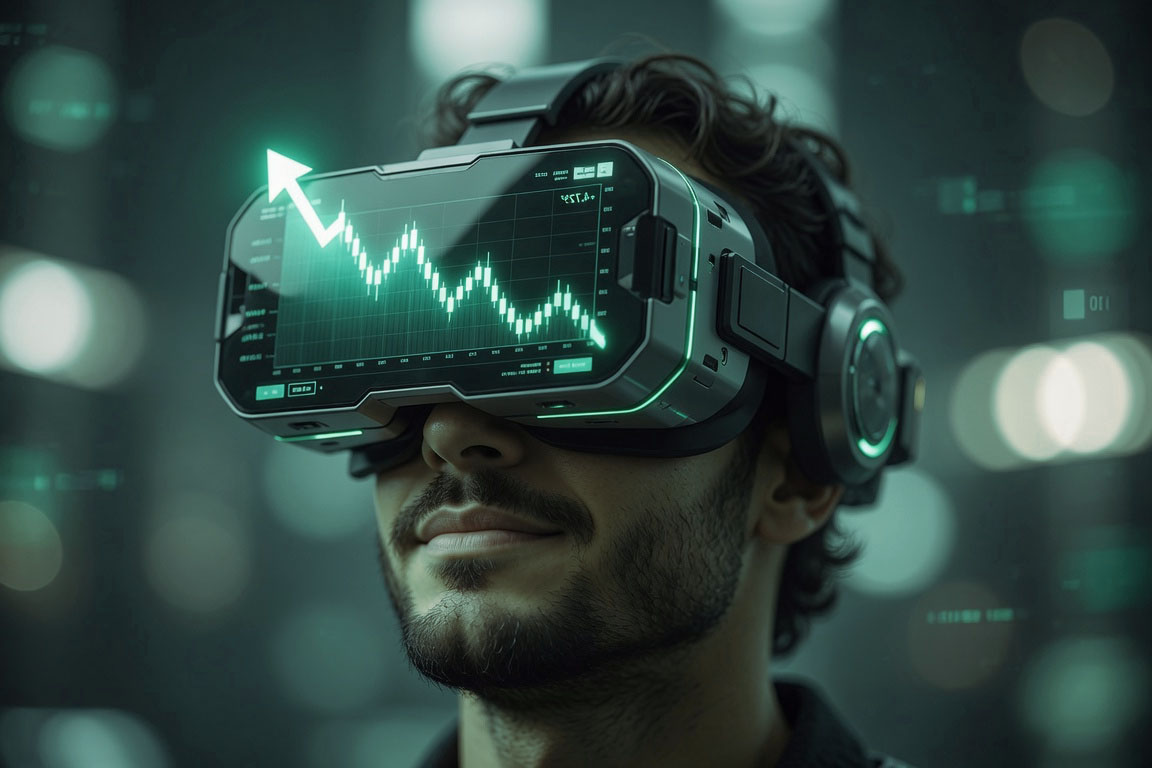A person studying a wall of stock charts, pointing at a rising green one