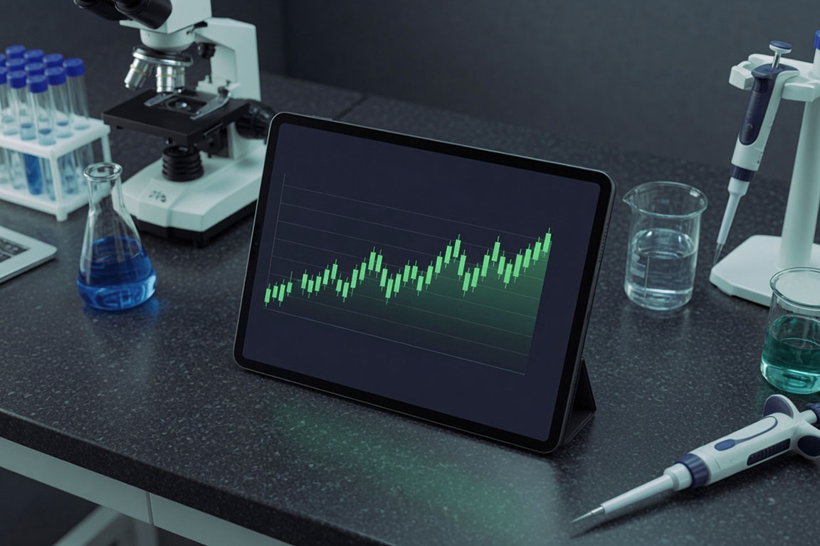 Lab bench with a stock chart on a tablet among scientific instruments