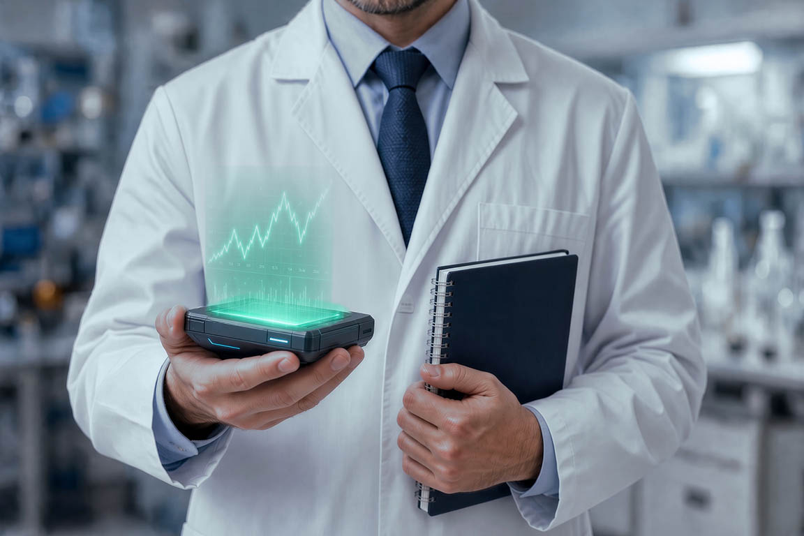 Researcher in a lab coat holding a device that projects a rising stock chart, with a notebook under one arm